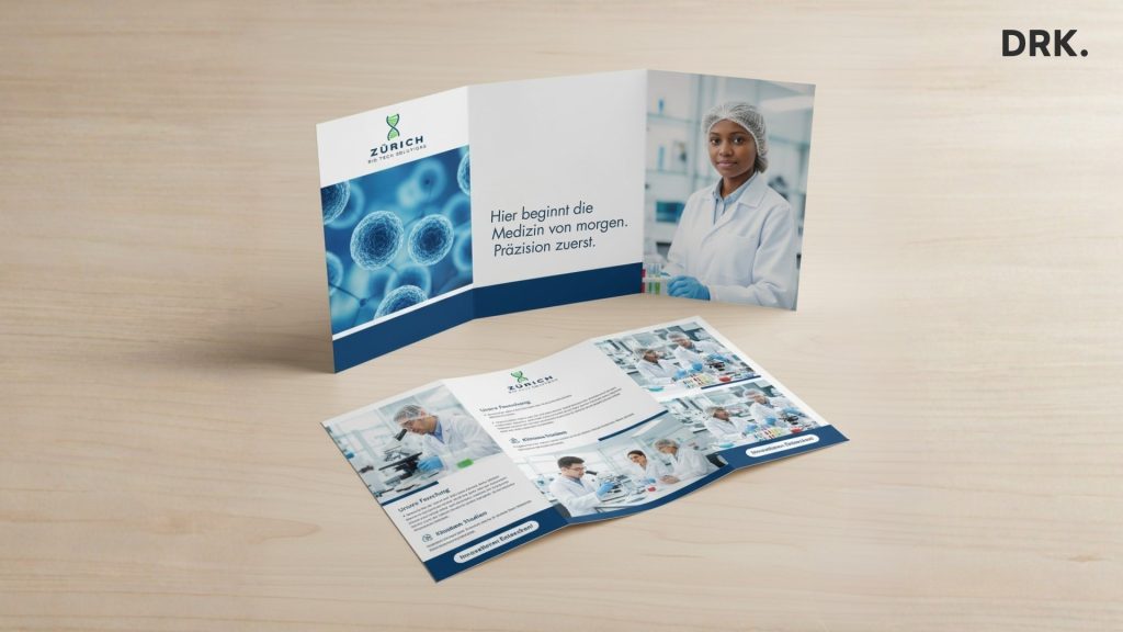 Brochureontwerp voor Zürich Medical Research met focus op precisiegeneeskunde, gemaakt door Nederlandse visual storyteller en digital designer Dirk van Eck