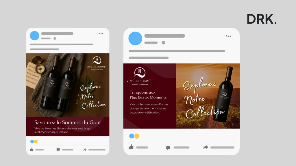 Vins du Sommet socialmediavisuals ontworpen door Nederlandse visual storyteller en digital designer Dirk van Eck, met wijnflessen naast kompas, muziekblad en zonsondergang, met boodschappen over genieten van bijzondere momenten