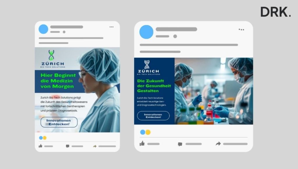 Zurich Bio Tech Solutions socialmediavisuals ontworpen door Nederlandse visual storyteller en digital designer Dirk van Eck, met laboratoriummedewerkers in beschermende kleding en Duitse teksten over genetische therapieën en diagnostische innovatie