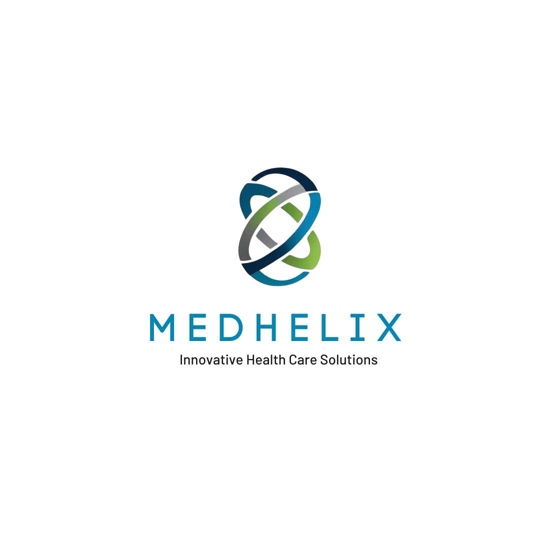 Medhelix-logo ontworpen door Dirk van Eck, met een gestileerde helix in blauw, groen en grijs en de slogan “Innovative Health Care Solutions”