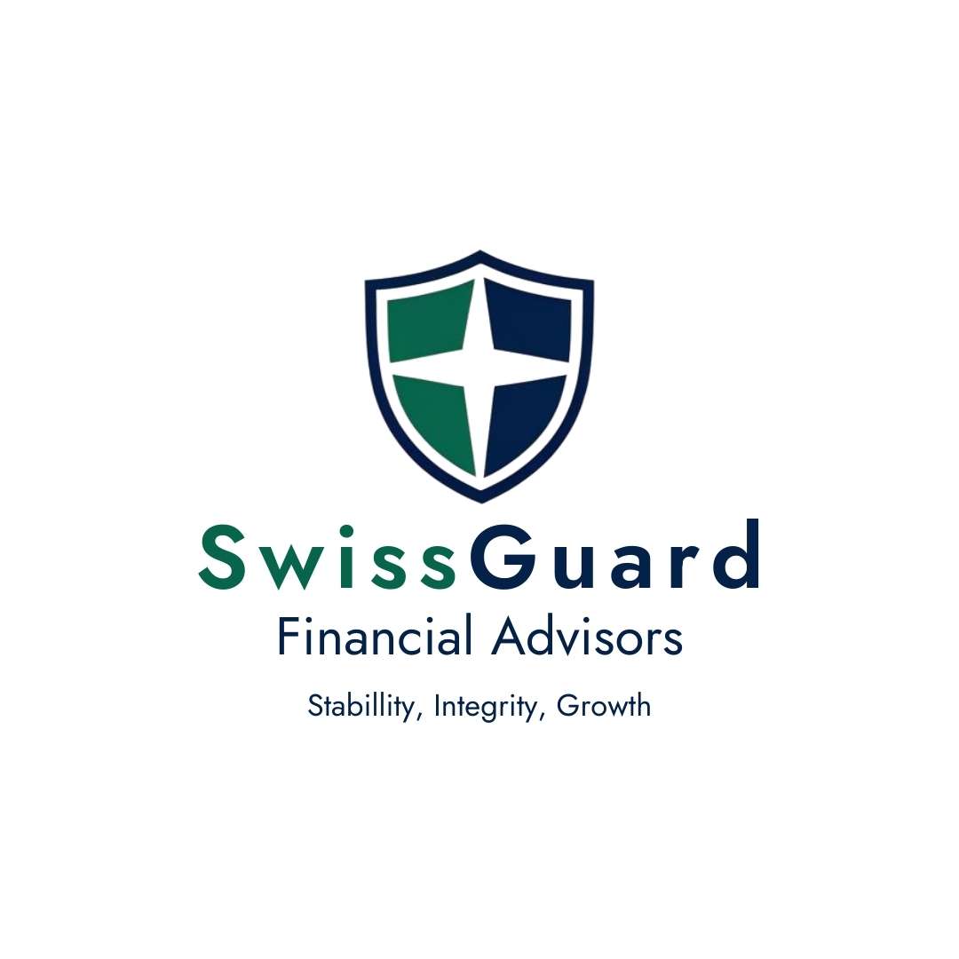 SwissGuard Financial Advisors logo created by Dirk van Eck, featuring a green and blue shield with white cross and tagline “Stability, Integrity, Growth”