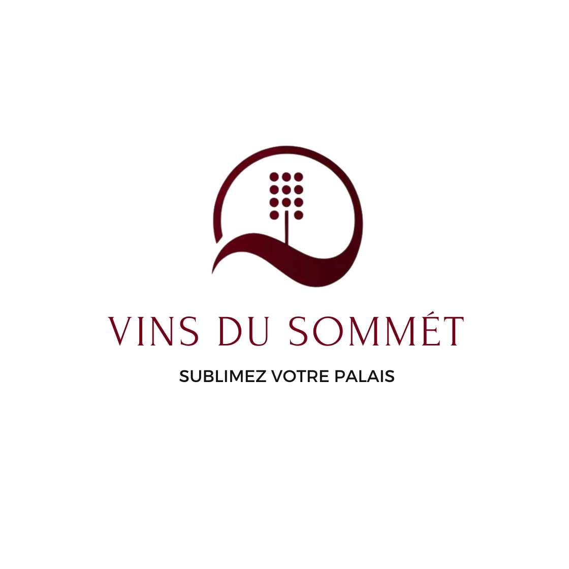 Vins du Sommet-wijnlogo ontworpen door Dirk van Eck, met een druiventros in een wijnglas en de slogan “Sublimez votre palais”
