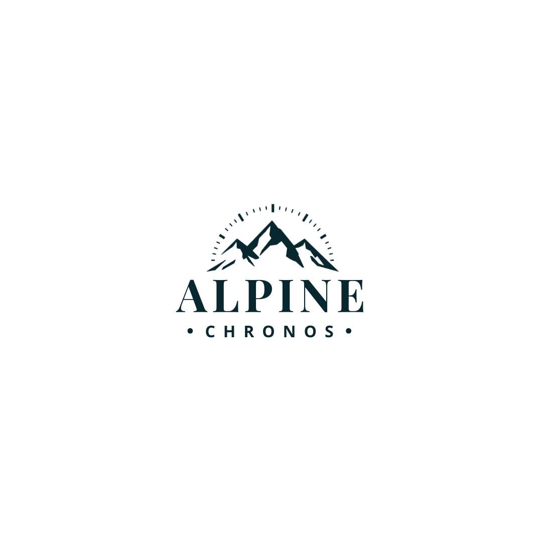ALPINE CHRONOS watch brand logo designed by Dirk van Eck, with stylized mountain peaks and sunburst clock motif