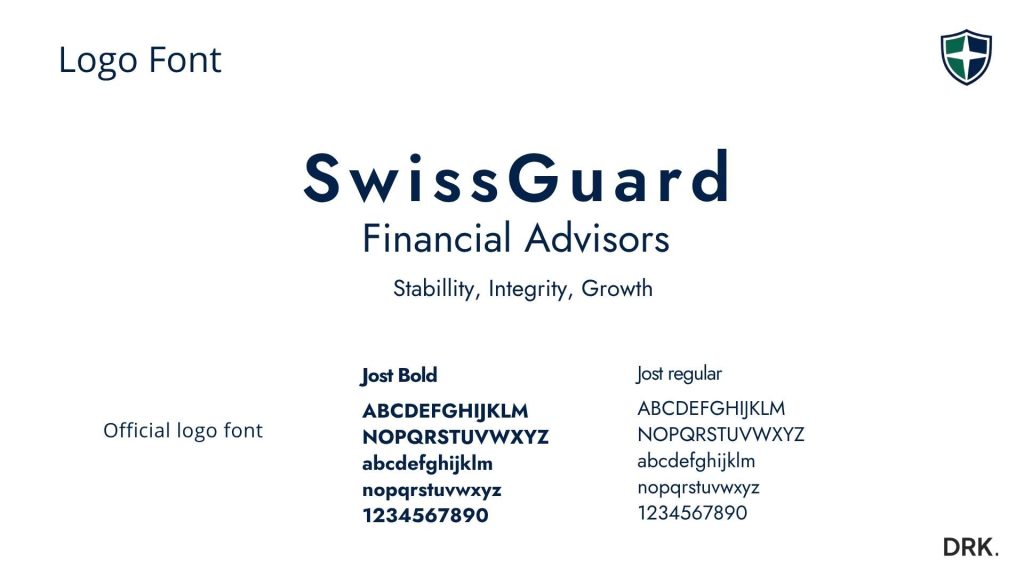 SwissGuard typografieslide van Dirk van Eck, met merknaam en slogan in Jost Bold en Regular, plus alfabet en bladicoon