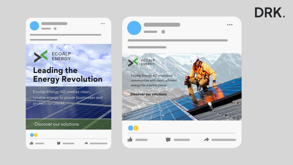 EcoAlp Energy AG socialmediavisuals ontworpen door Dutch visual storyteller and digital designer Dirk van Eck, met zonnepanelen, Alpenlandschap en teksten over schone, betrouwbare energieoplossingen