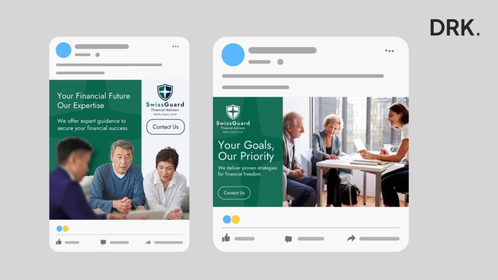 SwissGuard socialmediaposts ontworpen door Nederlandse visual storyteller en digital designer Dirk van Eck, met financiële boodschappen “Your Financial Future Our Expertise” en “Your Goals, Our Priority” naast beelden van professionele klanten