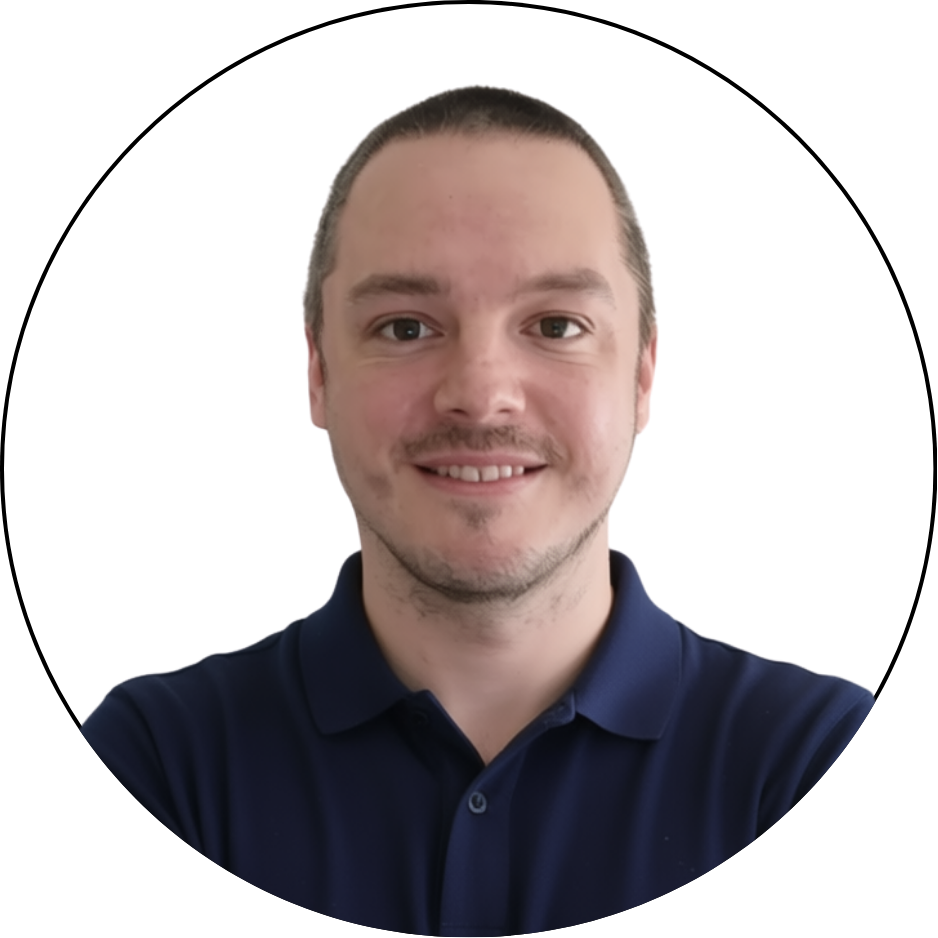 Portrait of Dirk van Eck in navy blue polo shirt against white background, created by Dutch visual storyteller and digital designer Dirk van Eck