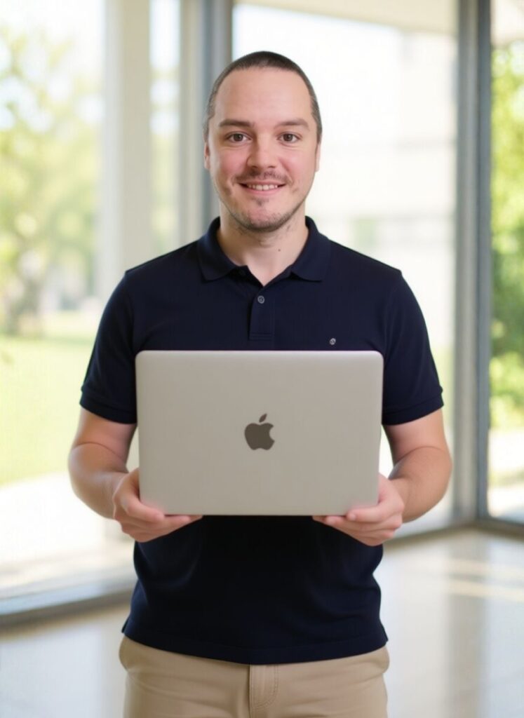 Dutch visual storyteller and digital designer Dirk van Eck holding a MacBook in a bright, modern office space