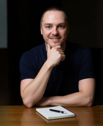 Dutch visual storyteller and digital designer Dirk van Eck seated at a wooden table, smiling in a contemplative moment