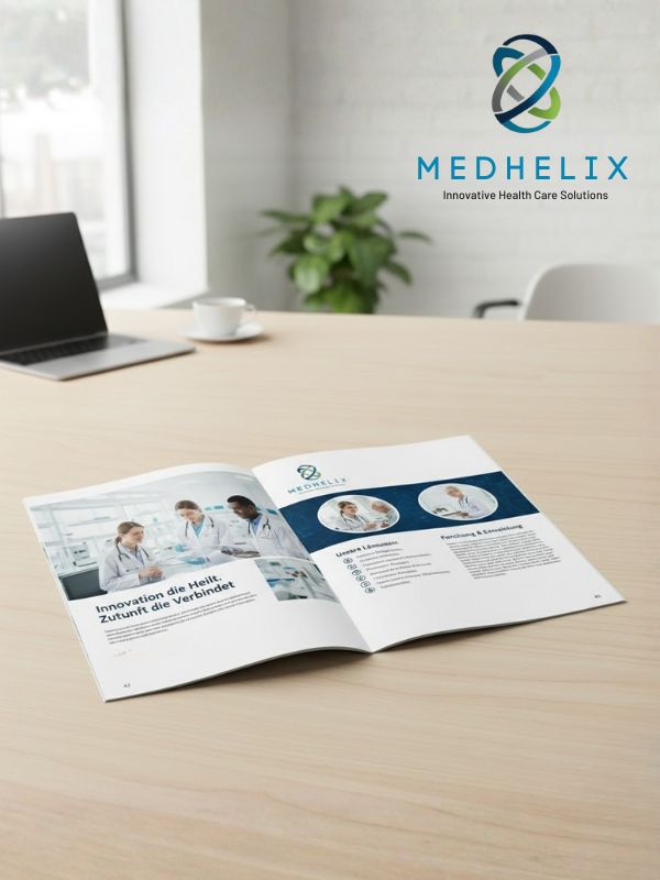 Open MEDHELIX brochure with DNA logo and medical profiles in modern office setting, created by Dutch visual storyteller and digital designer Dirk van Eck