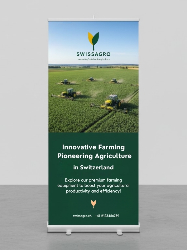 Promotional banner for SWISSAGRO with farming equipment on green field, created by Dutch visual storyteller and digital designer Dirk van Eck