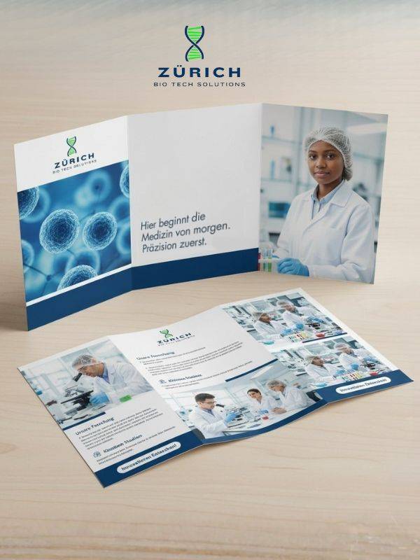 Open brochure for Zürich Bio Tech Solutions with lab imagery and DNA branding, created by Dutch visual storyteller and digital designer Dirk van Eck